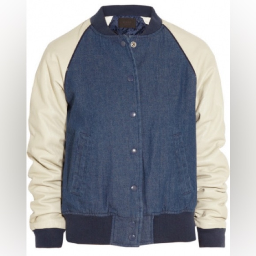 J. Crew Denim and Cream Leather Varsity Jacket VERY RARE